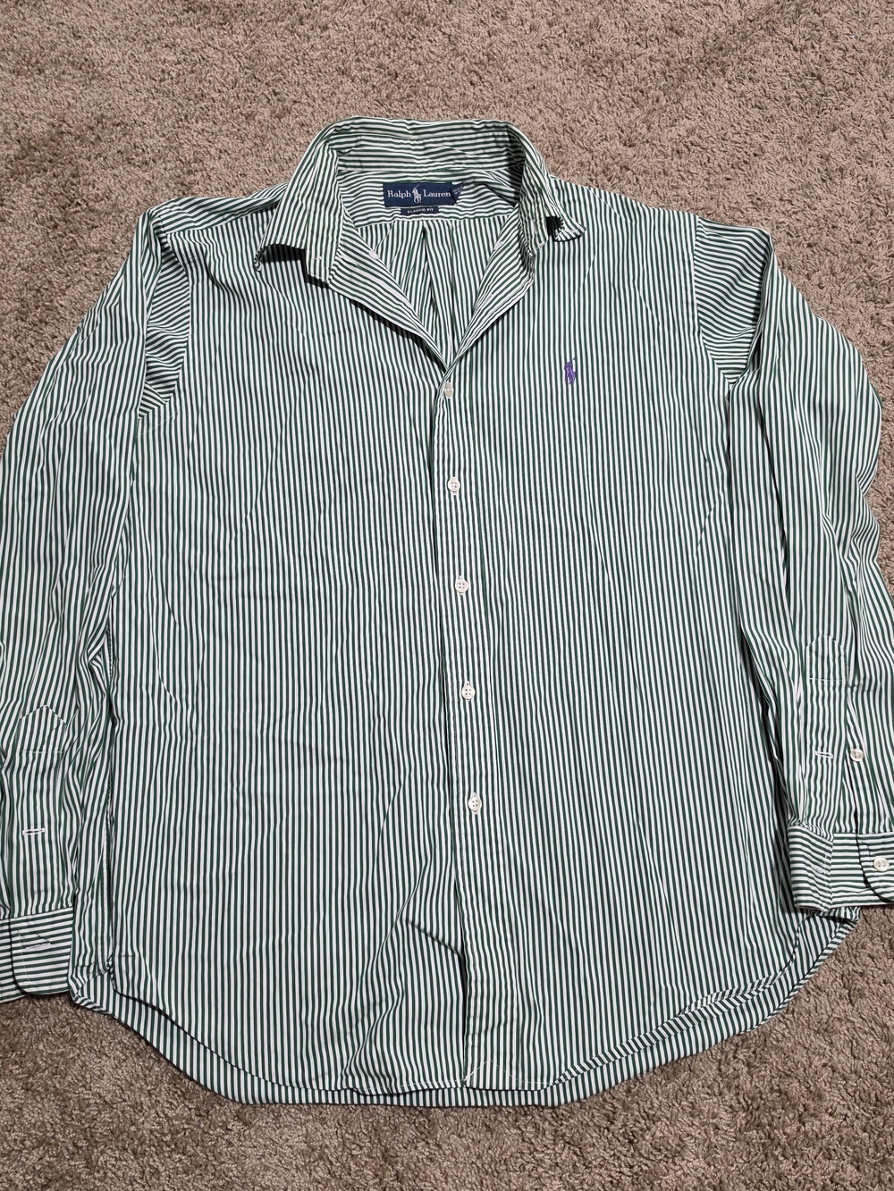 Vintage Ralph Lauren Green & White Striped Long Sleeve Button-Down Shirt, Size L